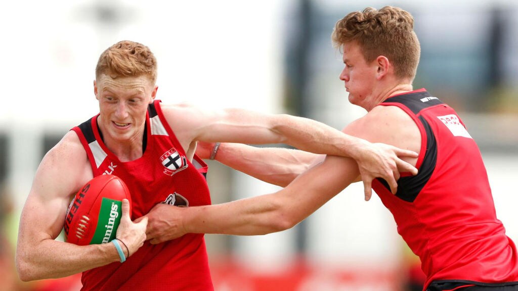 irish saints landscape.jpg Ray Connellan (l) and Darragh Joyce do battle at St Kilda training - AFL,St Kilda Saints,Darragh Joyce,Ray Connellan